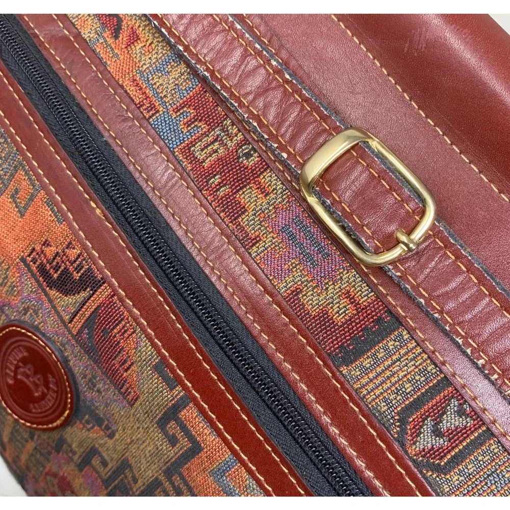 Vintage Southwestern Tapestry Carpet Bag Leather Trim Weekender Tote Satchel
